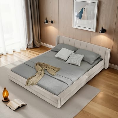 DESMIU Gestoffeerd Bed 160x200cm – Comfortabele Hoofdbordsteun – Stevig Ondersteuningssysteem – Zonder Matras – Slaapkamer en Gastenkamer – Chenille Stijl – Beige