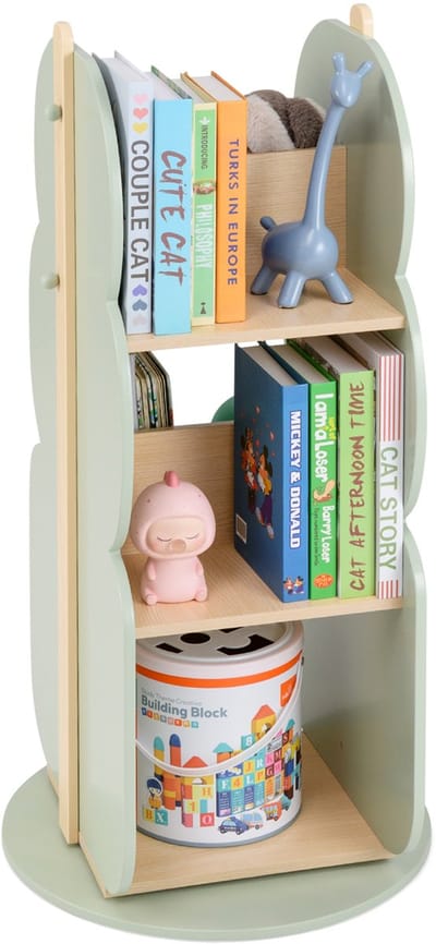 COSTWAY Boekenkast voor kinderen, draaibaar kinderrek met 3 niveaus en 5 open vakken, kinderrek, draairek, speelgoedrek, vrijstaand voor kinderkamer, speelkamer, woonkamer, kleuterschool