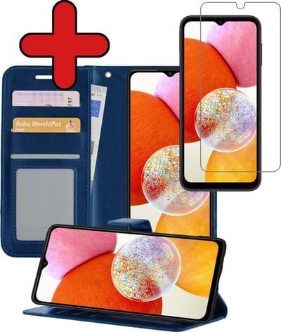 Hoesje - Met Screenprotector - Geschikt voor Samsung Galaxy A14 - Luxe Pasjeshouder - Flipcase - Bookcase Portemonee - Flip Case - Kunstleer Book Case - Book Cover - Walletcase - Portemonneehoes - Telefoonhoes - Donkerblauw