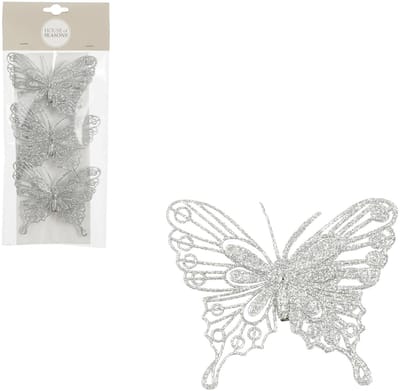 House of Seasons decoratie vlinders op clip - 3x stuks - zilver - 10 cm