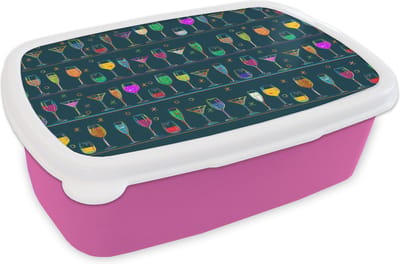 Broodtrommel Roze - Lunchbox - Brooddoos - Cocktails - Bar - Neon - Design - 18x12x6 cm - Kinderen - Meisje