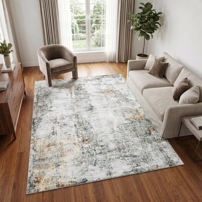 TAPISO Venezia Vloerkleed Woonkamer Laagpolig Grijs Geel Abstract Modern Antislip Tapijt Slaapkamer Eetkamer Gang Oeko-Tex 80x150