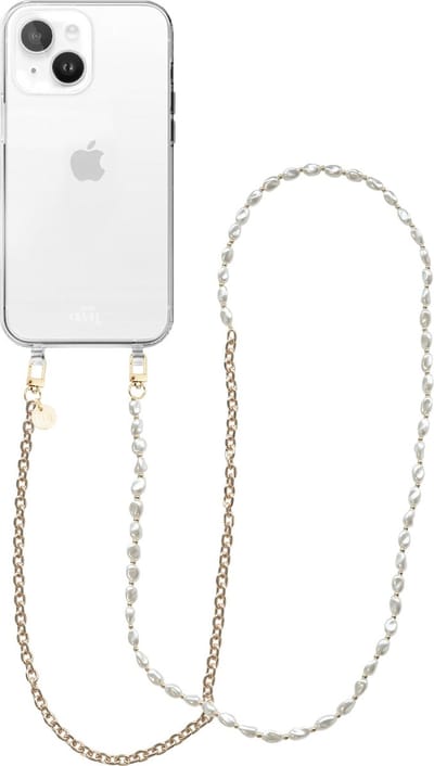 xoxo Wildhearts siliconen hoesje - Geschikt voor iPhone 13 Mini hoesje - Over The Moon - Telefoonhoesje - Hoesje met koord - Parelketting / Gouden schakelketting - lang telefoonkoord - Transparant hoesje (lange variant)