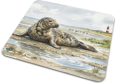 Muismat Grijze Zeehond - Zeehond op Strand met Vuurtoren & Vogels - Waddenzee Kust Landschap "Aquarel Series" Mousepad - Maritieme Bureau Accessoires Cadeau voor haar: Vrouw, Vriendin & Collega - Oceaan Dieren Print - Noordzee Thema Decoratie