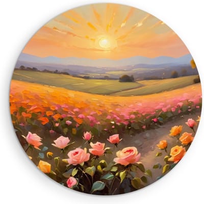Saammp Muurcirkel Hout - Landschap - Roze Bloemenveld - Abstract - Ø 90 - Wandcirkel - Wanddecoratie Cirkel - Muurdecoratie Woonkamer - Slaapkamer decoratie - Rond Schilderij
