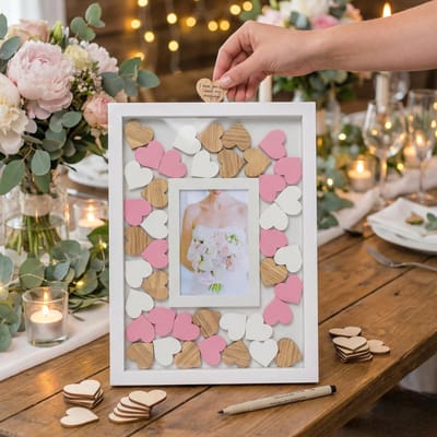 Dailygoods- Gastenboek met houten frame - 42 beschrijfbare harten - fotolijst voor herinneringen - 38 x 28 cm - perfect voor bruiloften/jubilea - Herinneringsboek