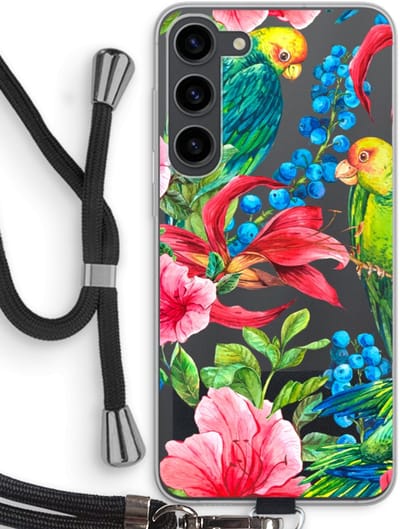 Case Company® - Hoesje met koord geschikt voor Samsung Galaxy S23 Plus hoesje met Koord - Papegaaien - Telefoonhoesje met Zwart Koord - Bescherming aan alle Kanten en Over de Schermrand