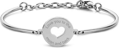 CO88 Collection Inspirational 8CB-90334 Stalen Armband met Hanger - Hart en Love You to The Moon and Back 17 mm - Cadeau voor haar - One-size - Zilverkleurig