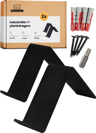 GoudmetHout® Industriële Plankdragers L-vorm - 10 cm - Stalen Plankdrager voor Wandschap, Muurrek of Wandconsole - Max 50 kg - 2 Stuks - Mat Zwart