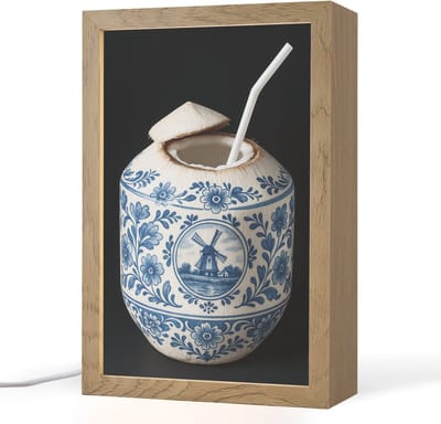 Tafellamp 20x30 cm - LED lamp - Kokosnoot - Eten - Delfts blauw - Drinken - Decoratieve tafellampen - Dimbaar - Tafellampje slaapkamer - Woonkamer binnen