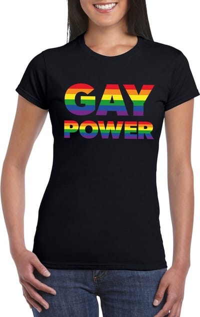 Gay Power pride t-shirt zwart met regenboog tekst voor dames - lgbt kleding XS