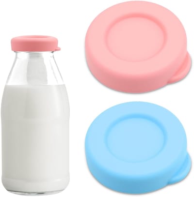 Dailygoods- Melkflesdeksels Herbruikbaar - Silicone Deksel - 48mm Diameter - Kleurenset (1 Roze/1 Blauw) - Schokbestendig - Eenvoudig te Reinigen