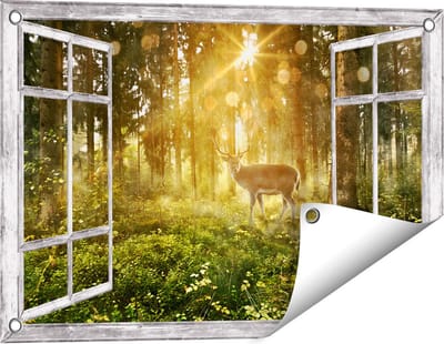 Gards Tuinposter Doorkijk Hert in Bos met Zon - 60x40 cm - Tuindoek - Tuindecoratie - Wanddecoratie buiten - Tuinschilderij