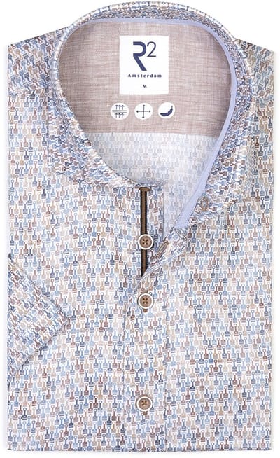R2 Overhemd Korte Mouwen Print Blauw - Maat 39 - Heren - Overhemden Formeel