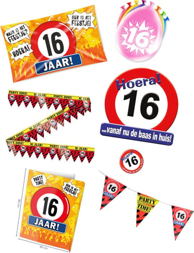 16 jaar verjaardag versiering pakket – vlag - gevelvlag – ballon – paperdreams