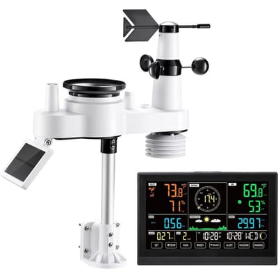 Station Météo Wi-Fi 7-en-1 avec Application, Écran VA de 190,5 mm, Capteur Extérieur Solaire Sans Fil, Pluviomètre, Intérieur Extérieur pour Prévisions Météorologiques,