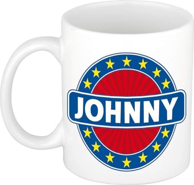 Bellatio Decorations - Johnny voornaam - koffiemok - beker - wit/blauw - 300 ml - Cadeau - Heren - Collega - Vaderdag - Verjaardag
