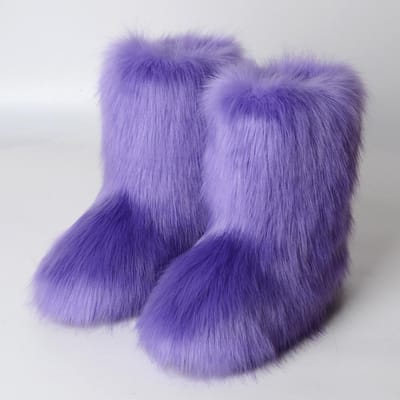 Dames Faux Fur Laarzen Winter Pluizige Pluche Warme Middenkuit Sneeuwlaarzen Luxe Mode Furry Laarzen Comfortabele Outdoor Platte Schoenen 36 purple