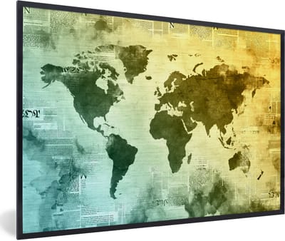 Poster in lijst - Fotolijst 90x60 cm - Posters - Wereldkaart - Blauw - Geel - Posterlijst zwart - Decoratie - Wanddecoratie woonkamer - Muurdecoratie slaapkamer