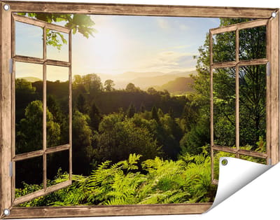 Gards Tuinposter Doorkijk Zonsondergang vanuit een Bos - 90x60 cm - Tuindoek - Tuindecoratie - Wanddecoratie buiten - Tuinschilderij
