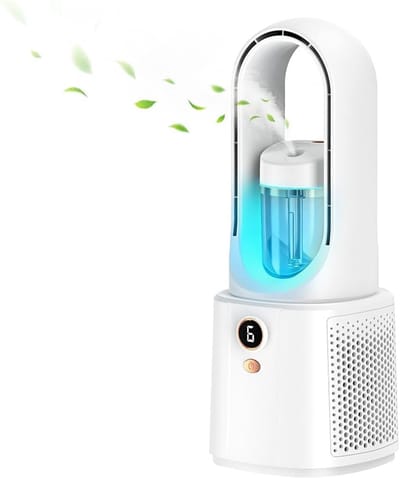 Compacte bladloze torenventilator voor op het bureau, multifunctioneel met ingebouwd nachtlampje en luchtbevochtiger, fluisterstille werking met 6 instelbare krachtige windsnelheden, ruimtebesparend ontwerp voor slaapkamers, kantoren en nachtkastjes