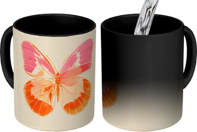 Magische Mok - Foto op Warmte Mokken - Koffiemok - Oranje - Vlinder - Minimalistisch - Magic Mok - Beker - 350 ML - Theemok