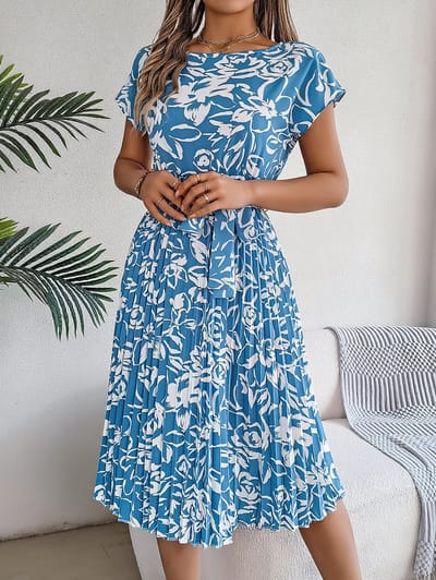 SUNMOOL Dames Dress - Tailleband - Bloemenpatroon - LichtBlauw - Maat: S