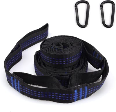 Set van 2 Hangmat Bevestigingen, 2 m x 2.5 cm, Geschikt voor Hangmatten, Schommels en Bomen, Inclusief 6 Lussen en 2 Karabijnhaken (Max. 300 kg)