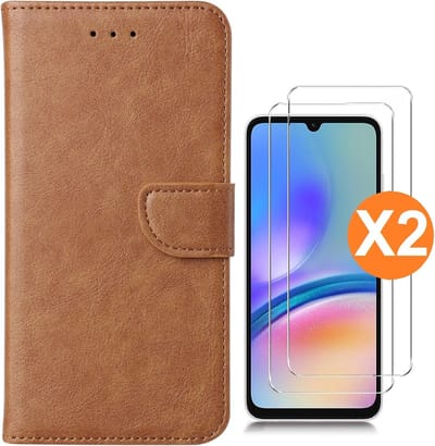 Hoesje geschikt voor Samsung Galaxy A05s bookcase Bruin - Met screenprotector tempered glass Galaxy A05s - 2x