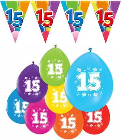 Feestpakket 15 jaar / 8 ballonnen en 1 vlaggenlijn 10 meter - Versiering Slinger Feestdecoratie Decoratie Verjaardag Jubileum Ballon Feest