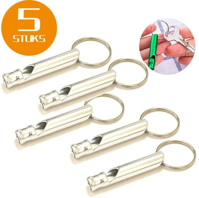 Colorful Sun® Metalen Noodfluit 5 Stuks – Alarmfluit 120 dB met Sleutelhanger – Reddingsfluit voor Outdoor, Wandelen, Camping, Survival & Sport – Hondenfluit – Sport- & Scheidsrechterfluit – Zilver