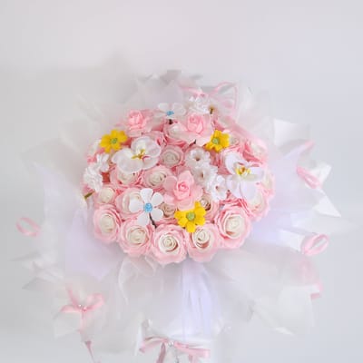Kunstbloemen Boeket met Geur – Roze & Witte Rozen met Orchideeën – Boeket XL LA ROSELLE AMSTERDAM