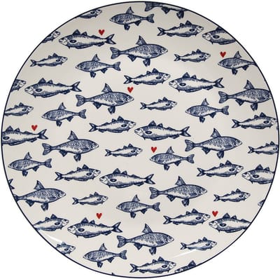 Clayre & Eef Dinerbord Ø 26 cm Wit Blauw Porselein Vissen