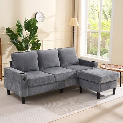 BLACKCOLORS Gestoffeerde bank en sofa met USB- en Type-C-poorten, 3-zitsbank met twee bekerhouders voor de woonkamer, het appartement, de lounge en de slaapkamer - L-vormige slaapbank, grijs, linnen