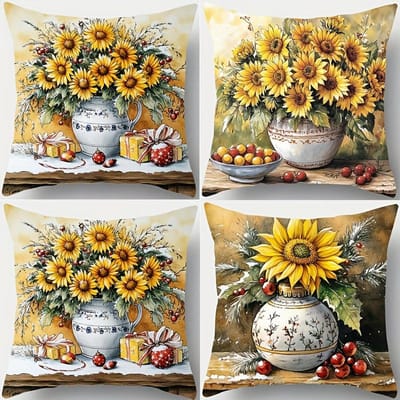 4 stuks Zonnebloem Arrangement digitale print kussensloop Korte pluche Geschikt voor woonkamers slaapkamers banken sierkussenhoes 45x45cm