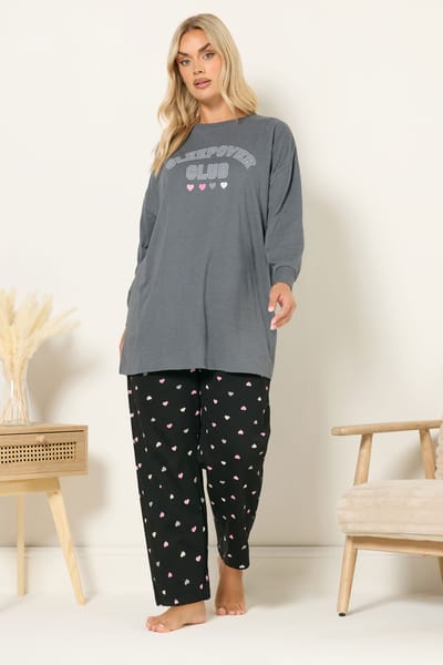 Yours Grey 'Sleepover Club' Pyjamaset Met Wijde Pijpen Size 42-44