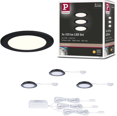 LED-meubelinbouwlampen Set van 3 rond 65 mm 3x2,5W 3x180lm 230/12V 3000K Zwart mat