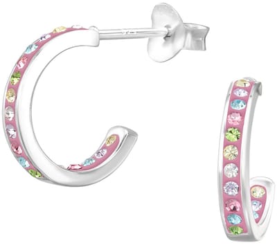 Joy|S - Zilveren oorringen stud - 12.3 mm / 2.2 mm - zilver roze met gekleurde kristalletjes - sterling zilver 925 oorbellen
