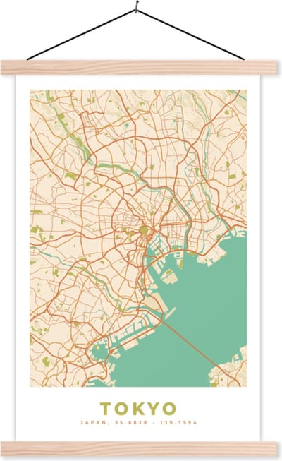 Posterhanger incl. Poster 40x60 cm - Schoolplaat - Tokyo - Stadskaart - Vintage - Plattegrond - Kaart - Textielposter - Blanke latten - Stadskaart