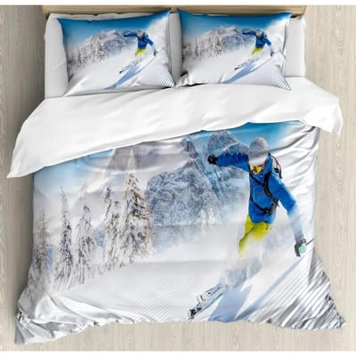 Ski Sport Dekbedovertrek Set Volledige Maat Wintersport Skiën Beddengoed Sets Sneeuwberg Landschap Dekbedovertrek voor Jongens Meisjes AU Single(140*210cm)3pcs