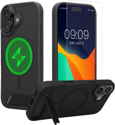 kwmobile Hoesje voor Apple iPhone 17 - Compatibel met MagSafe - Hoesje met standaard en screenprotector van gehard glas - zwart / mat transparant