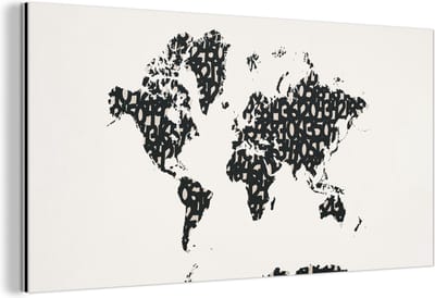 Wanddecoratie Metaal - Aluminium Schilderij Industrieel - Wereldkaart - Cijfers - Zwart - 120x60 cm - Dibond - Foto op aluminium - Industriële muurdecoratie - Voor de woonkamer/slaapkamer