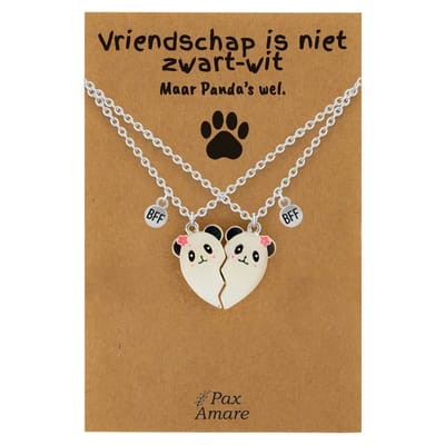 BFF Ketting voor 2 'Vriendschap is niet zwart/wit' - Magnetisch Hartje Panda's - Vriendschapsketting op Cadeau Kaartje - 45cm + 5cm verstelbaar - Zilverkleurig - Best Friends Hanger - Pax Amare