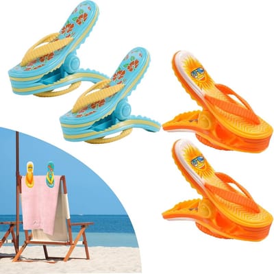 SnelShoppen - 4 Stuks Grote Strandhanddoek Klemmen - Winddichte Plastic Clips voor Handdoeken, Kleden en Kleding - Kleurrijke en Leuke Ontwerpen voor