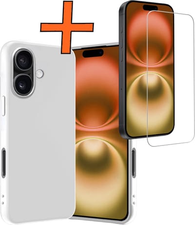 Hoes - Met Screenprotector - Geschikt voor Apple iPhone 16 - Sterk & Shockproof - Back Cover - Siliconen Case - Telefoon Hoes - Wit