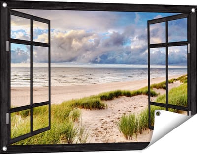 Gards Tuinposter Doorkijk Strand en Duinen met Bewolking - 90x60 cm - Tuindoek - Tuindecoratie - Wanddecoratie buiten - Tuinschilderij