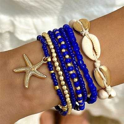 7-Delige Boheemse Schelp Armband Set Voor Vrouwen Zeester Bedeltje Rijstkorrel Polsbandje Armband Meisje Zomer Strand Sieraden Accessoire blue