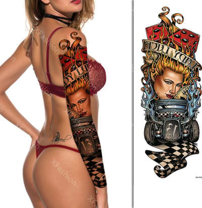 Tattoo Sleeve - Vrouw Woman Auto Car Dobbelstenen Vuur Fire Racing - Neptattoo Lichaam en Gezicht - Tijdelijke Henna Plak Tattoos - Nep Tatoeage - Fake Temporary Tattoo - Festival Make-up Outfit Volwassenen Kinderen