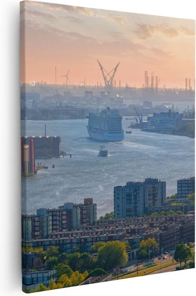 Artaza Canvas Schilderij Skyline Rotterdam - 40x50 cm - Wanddecoratie Zonsondergang - Muurdecoratie Haven - Kamer Accessoires Woonkamer