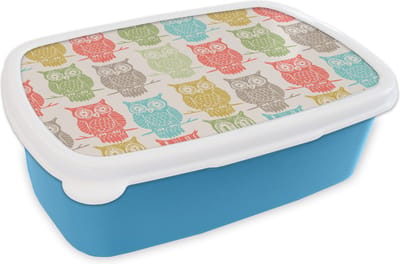 Broodtrommel Blauw - Lunchbox - Brooddoos - Patronen - Uil - Vogels - 18x12x6 cm - Kinderen - Jongen